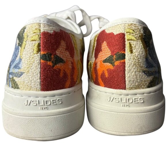 J Slides Women's 9 Noir‎ Floral Embroidered Platform Sneaker White Beige Artsy - Picture 3 of 10